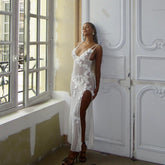 Weißes, blütenartiges Netz-Maxikleid